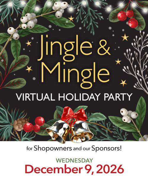 Promotional graphic for a virtual holiday party with the text 'Jingle & Mingle Virtual Holiday Party' on a dark background, decorated with green pine branches, white berries, red berries, gold stars, and silver bells with a red bow. The bottom section is white with the text 'for Shopowners and our Sponsors! Wednesday December 9, 2026'.