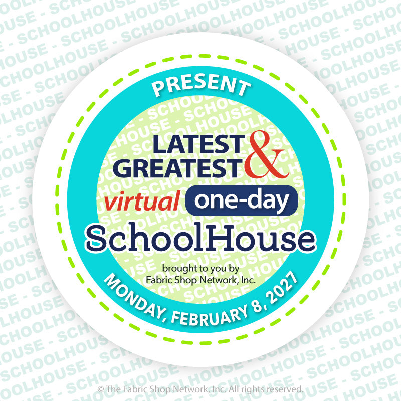 A round promotional badge or sticker design for a virtual one-day SchoolHouse event, with turquoise, white, navy, red, and light green text and border details on a white background with faint repeated SchoolHouse watermarking.