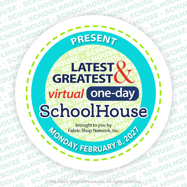 A round promotional badge or sticker design for a virtual one-day SchoolHouse event, with turquoise, white, navy, red, and light green text and border details on a white background with faint repeated SchoolHouse watermarking.
