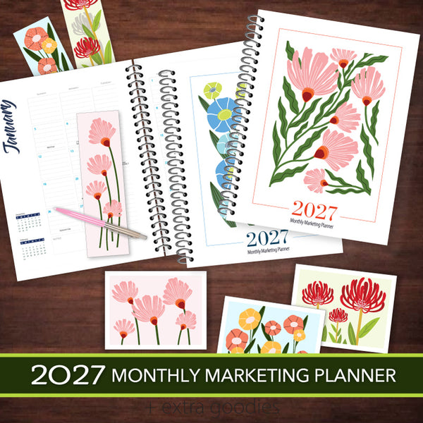 A 2027 monthly marketing planner displayed open on a dark wood background, showing floral page designs, calendar spreads, and matching flower cards. The cover text reads '2027 Monthly Marketing Planner' and 'Extra goodies' appears at the bottom.