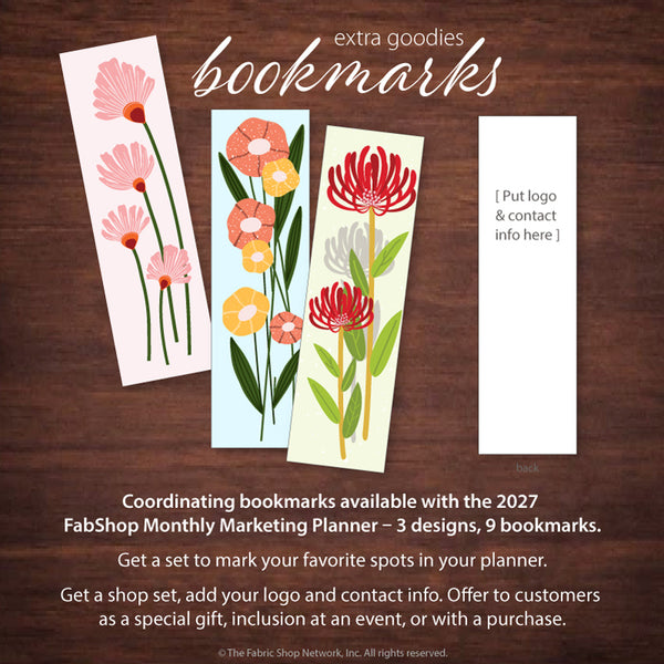 Promotional graphic for FabShop bookmarks, showing four sample bookmark designs on a dark wood background with text describing a 2027 FabShop Monthly Marketing Planner bundle.