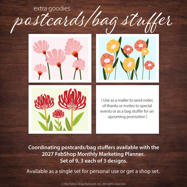 Promotional graphic for FabShop postcards and bag stuffer sets on a dark wood background. The image shows three sample floral postcard designs with pink, yellow, orange, and red flowers, plus text describing a set of 9 postcards and bag stuffers from the 2027 FabShop Monthly Marketing Planner.